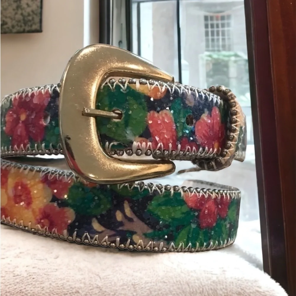 Vintage 80s Sequin Belt / Sequined Floral Bonded Leather Size S/M